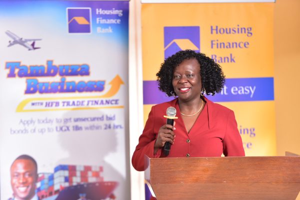 Ms. Angela Ndawula, Head Business and Institutional Banking addressing the media and attendees at the recently concluded 3rd edition of the HFB Business clinic held at their head office in Kololo